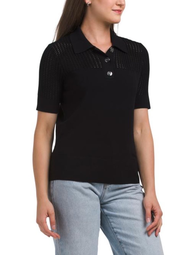 Elie Tahari Elbow Sleeve Collar Half Button Down Sweater
